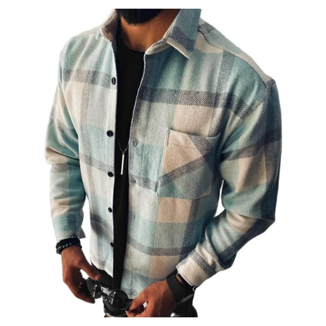 Chaqueta tipo camisa de franela a cuadros para hombre Camisa a cuadros de manga larga Tops casuales cómodos con botones