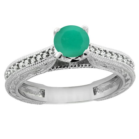 14K White Gold Natural Emerald Round 5mm Engraved Engagement Ring Diamond Accents, sizes 5 -