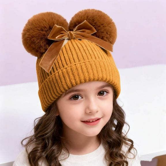 NAISIBABY Toddler Beanie Hat with Pom, Stretch Soft Thicken Warm Knitted Cotton Boys Girls Winter Ski Cap Orange 6-36Months