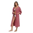 thumbnail image 2 of MAYFISH Women's 3/4 Sleeve Lightweight Bathrobes: 100% Cotton Zipper Robes with Pockets, Perfect Loungewear(Purplish Red,L), 2 of 5