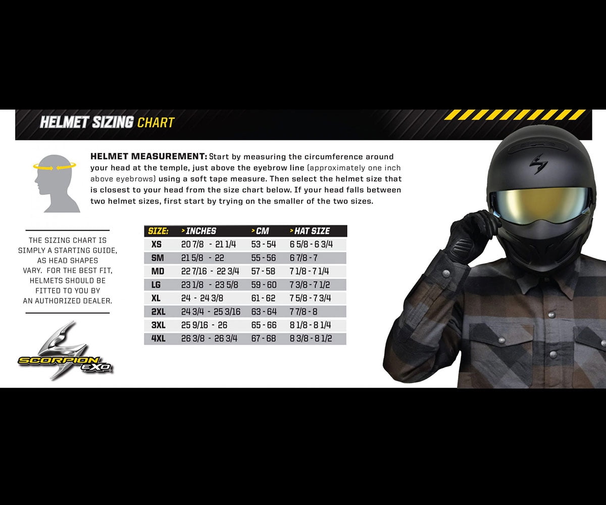 helmet size chart scorpion EXO-R430 Full-Face Head Trip Hi-Viz 2x Dramatic reduction of noise levels by projecting dirty/noisy air away from the shell 2) Scorpion EXO EXO-C90 Half Helmet