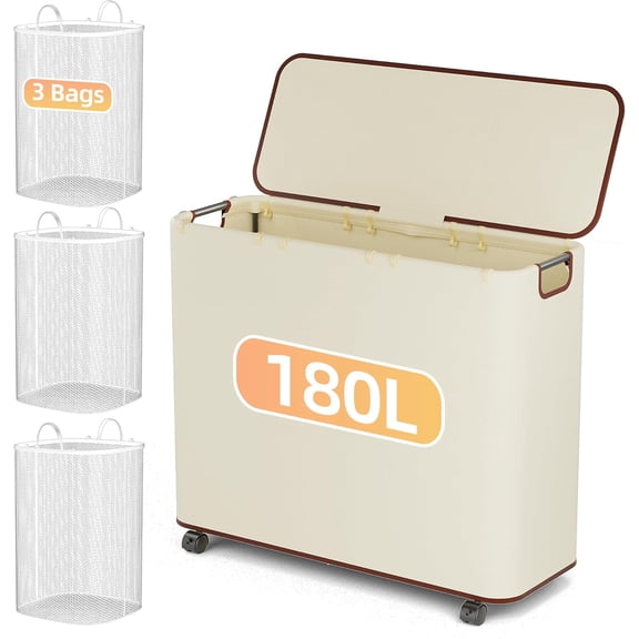 180L Laundry Basket With Lid and Removable 3 Bags, Large Rolling Laundry Hamper with Lid, 3 Section Rolling Clothes Storage With Wheels, Clothes Hamper with Wheels For Laundry Room, Beige