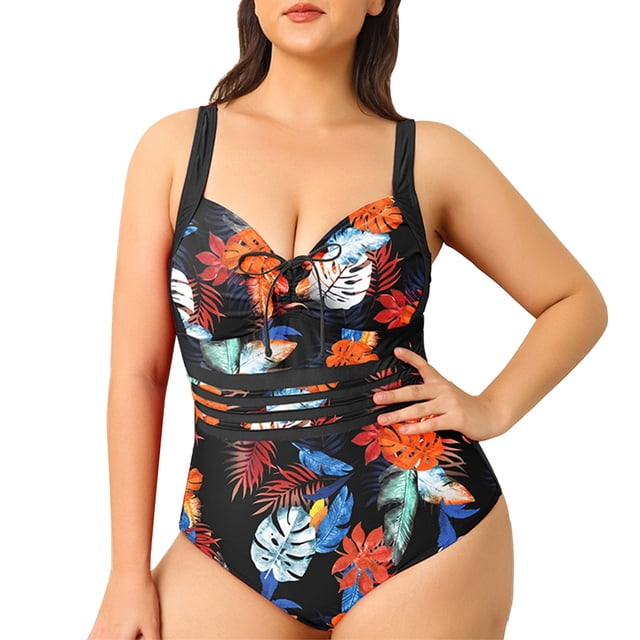 Aayomet Swimsuit Women Size Colorful Random Flower Wavy Leopard Print Conservative Hot Spring Adjustable Backstrap (Black, L)