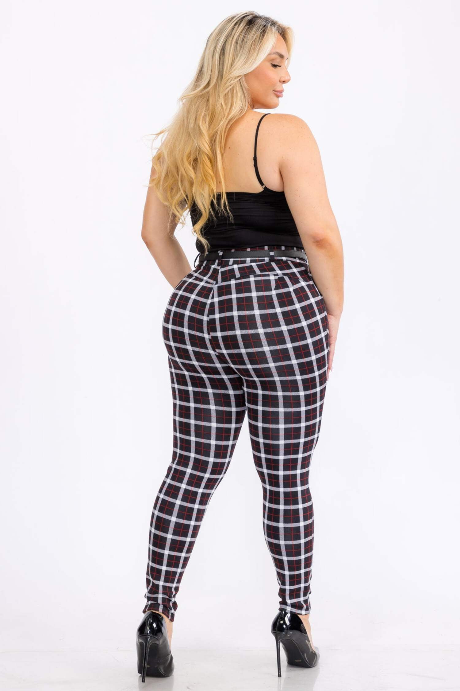 Plus Size Sculpting Treggings with Faux Leather Belt - Black, White, Red Plaid