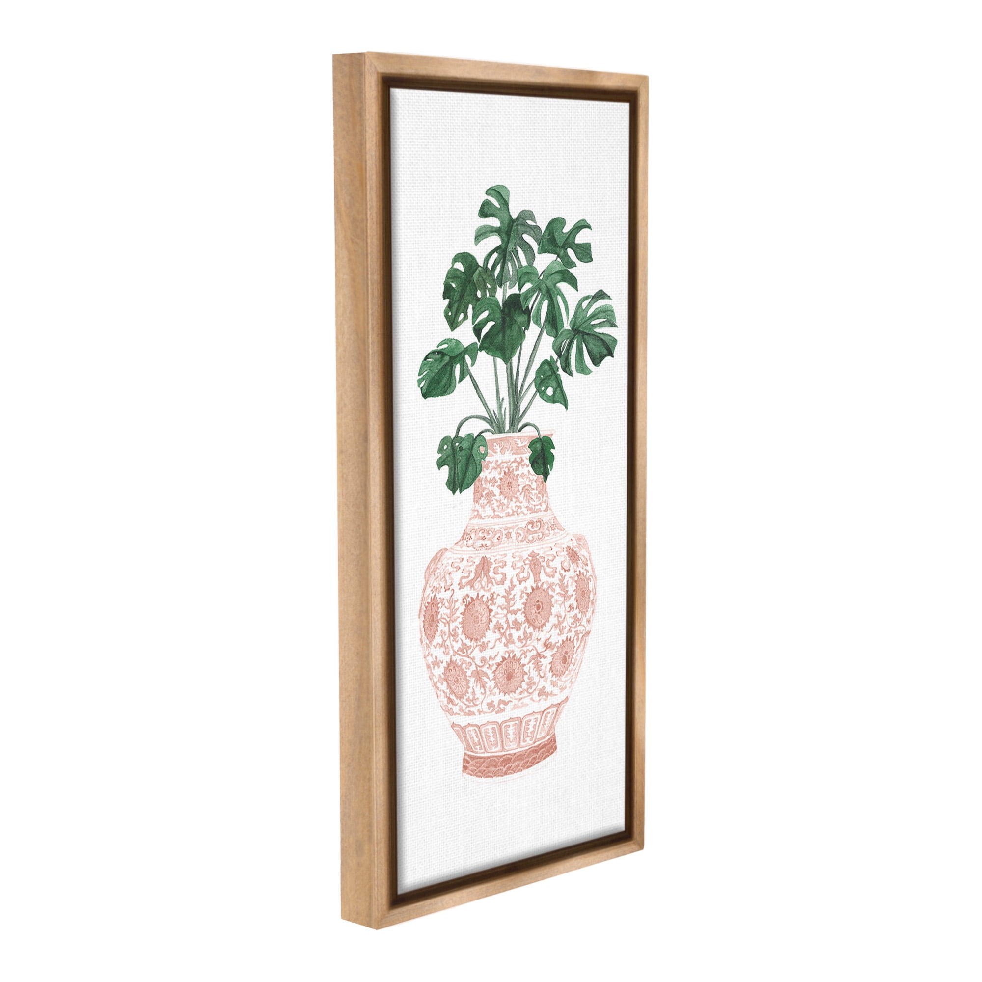 Stupell Industries Monstera with Ornate Vase Botanical & Floral Painting Brown Floater Framed Canvas Art Print Wall Art, 11 x 25