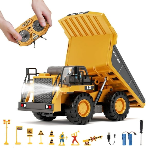 Anpro Remote Control Dump Truck for Kids, 9 Channel RC Construction Vehicle Toys with Light & Music, Rechargeable Truck Toy Gifts for Boys Girl, Yellow