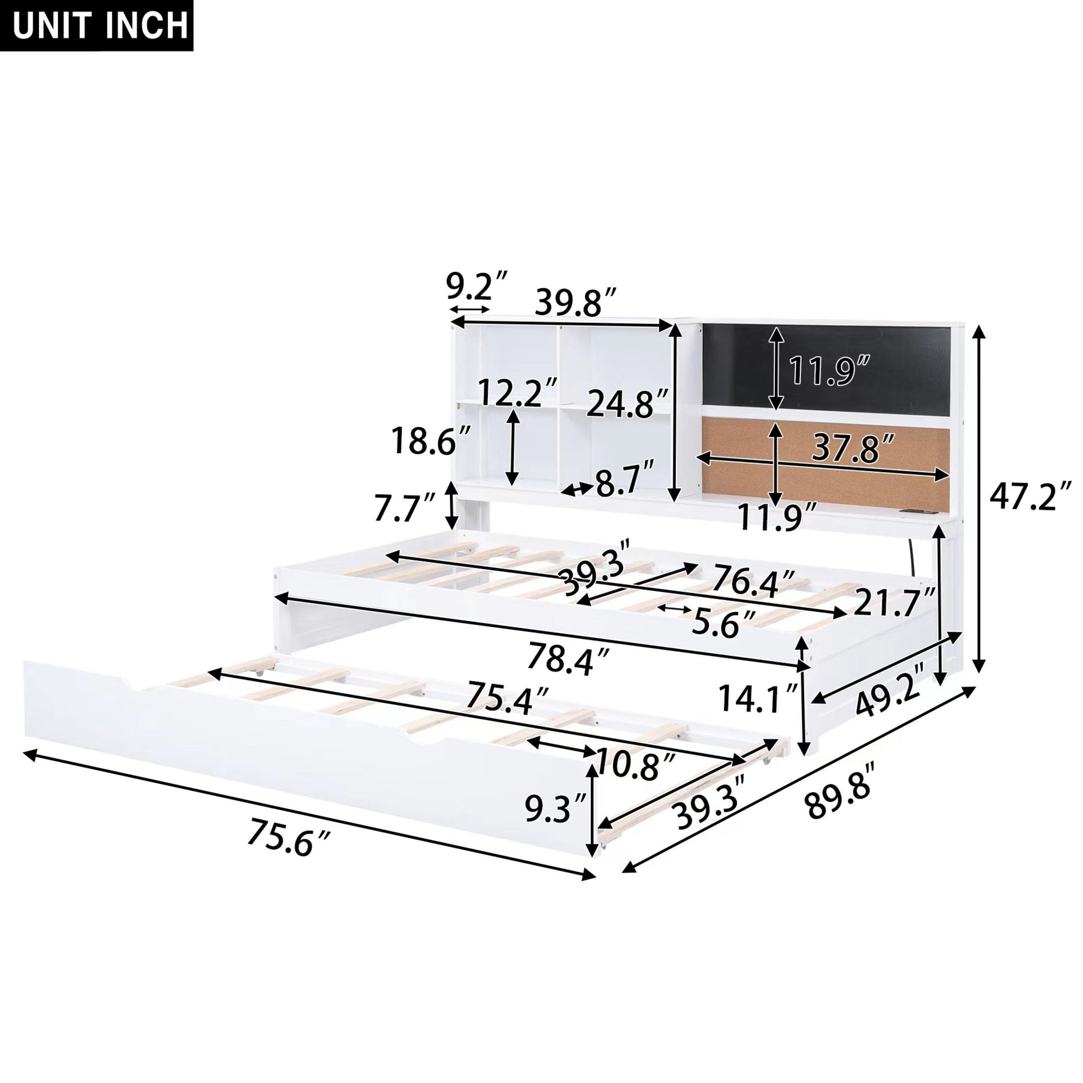 Noble House Alver Twin Daybed with Storage Shelves, Blackboard and Cork Board, USB Ports, Twin Trundle, White