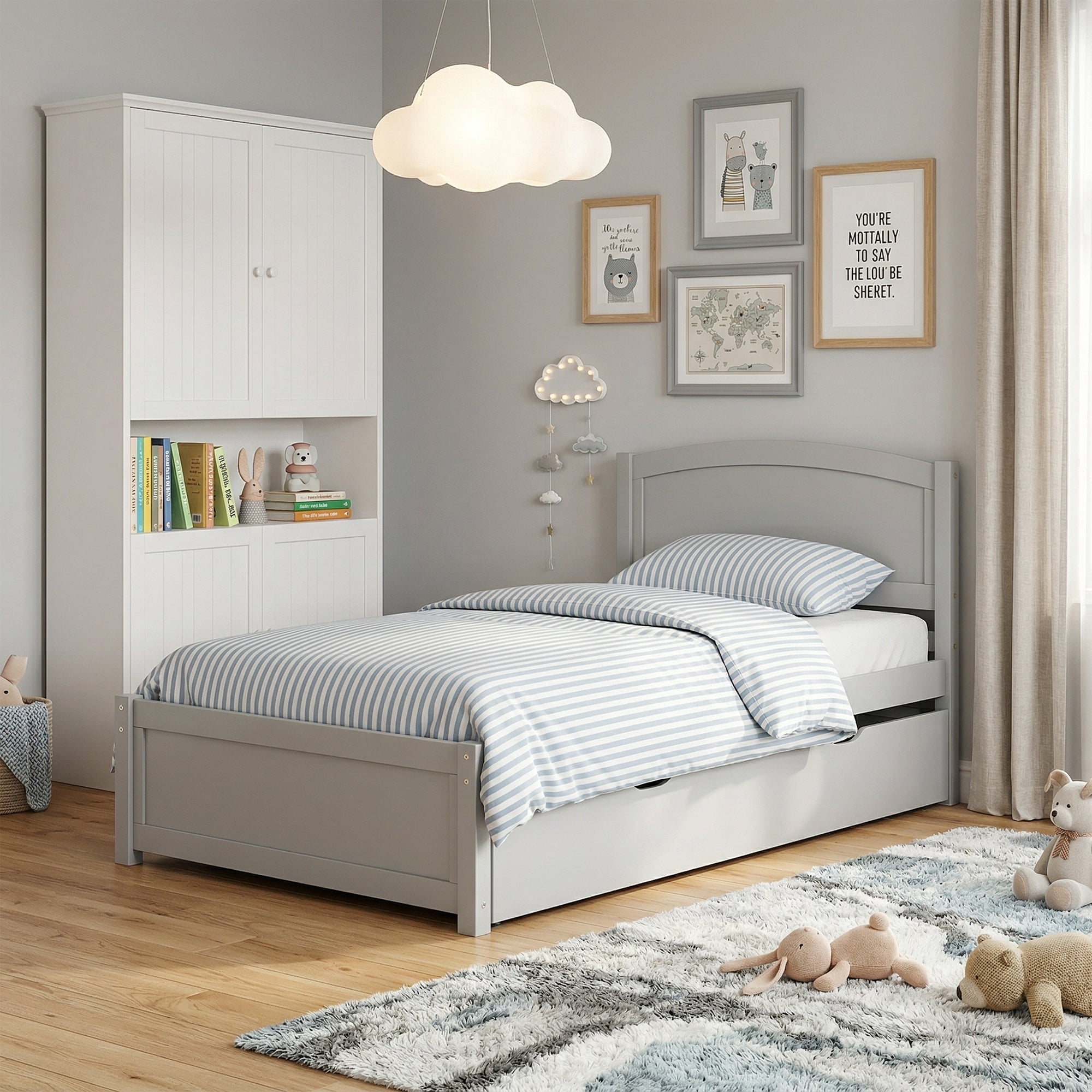 Guqiart Twin Size Trundle Bed Frame, Solid Wood Construction with Headboard, Roll Out Trundle & Wood Slat Support, Single Platform Bed No Box Spring Needed