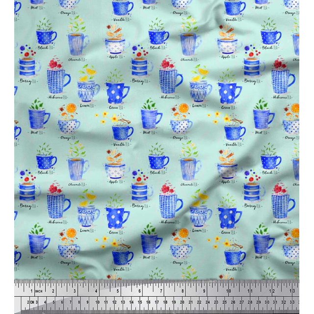 Soimoi Poly Georgette Fabric Spices & Tea Cup Watercolor Printed Fabric 1 Yard 52 Inch Wide