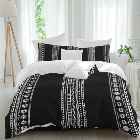 Queen 4 Piece Bedding Set Vintage Geometric Boho Art Lines Soft Breathable Duvet Cover and Pillowcase Black Duvet Cover Set Washable Bed Sheets for Bedroom Dormitory Guest Room