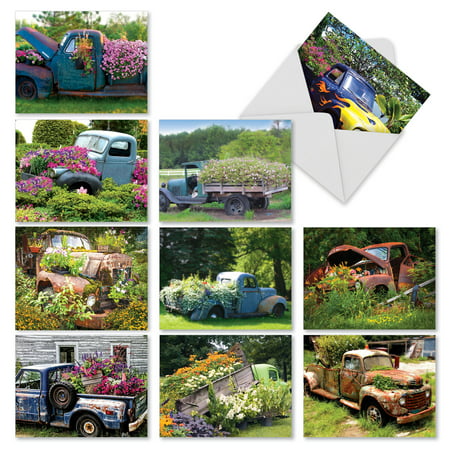 'M2372TYG PETALS TO THE METAL' 10 Assorted Thank You Notecards Featuring Rusty and Rustic Pickup Truck Beds Filled with Blooming Gardens with Envelopes by The Best Card (Best Cheap Pickups For Metal)