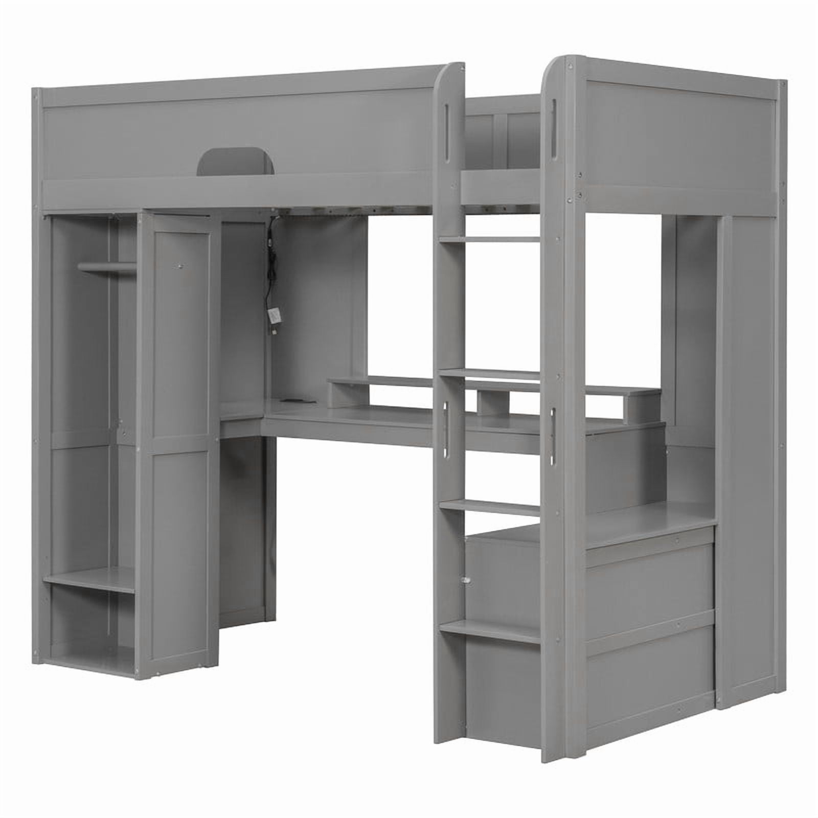 Twin Versatile Loft Bed with L-Shaped Desk, LED Light Strip & Charging Station, Storage Kids Bed Frame with Drawers & Wardrobe