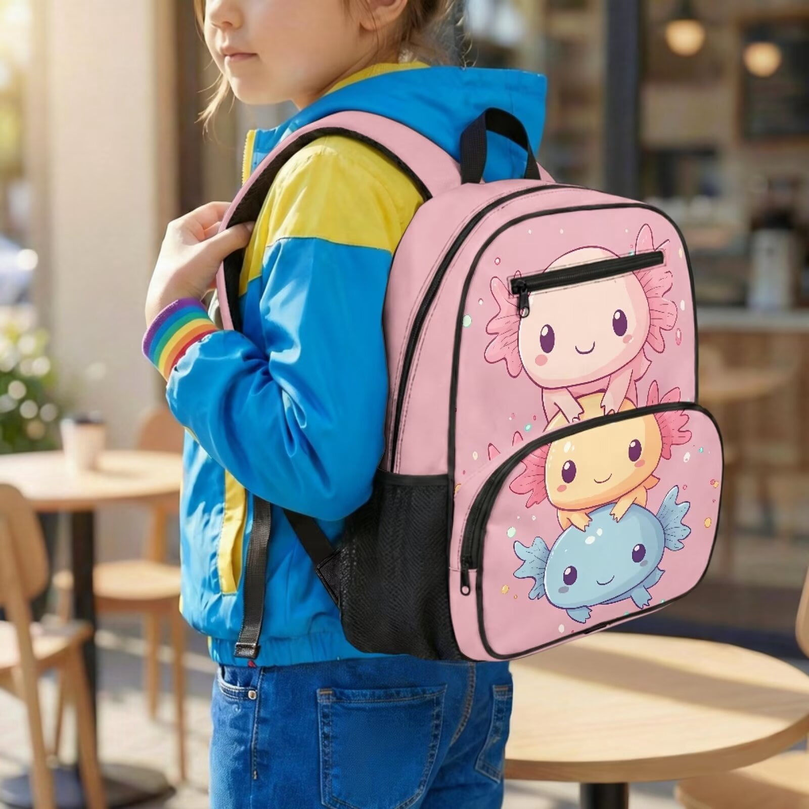 Pzuqiu Pink Cute Axolotl 13.5 Inch Toddler Backpack for Girls Preschool, Water Resistant Soft Padded Breathable Kids Bookbag with Multi Pockets for Kindergarten Casual Daypack