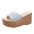 thumbnail image 2 of Tuobarr Women's Wedge Sandals Women's High Heels One Line Thick Sole Slippers Sponge Bottom Beach Sandals Light Blue US Size 7, 2 of 5