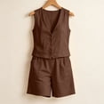 thumbnail image 4 of Costeam Womens Linen Blend 2 Piece Outfit Sleeveless V Neck Button Down Vest High Waist Shorts with Pockets Casual Summer Matching Set Lightweight Breathable, 4 of 7