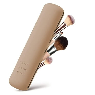 Travel Makeup Brush Holder, Makeup Brush Bag Case Container, Cosmetic Pouch, Toiletry Organizer, Silicone Small Makeup Bag for Purse Travel Essentials for Women (Khaki)