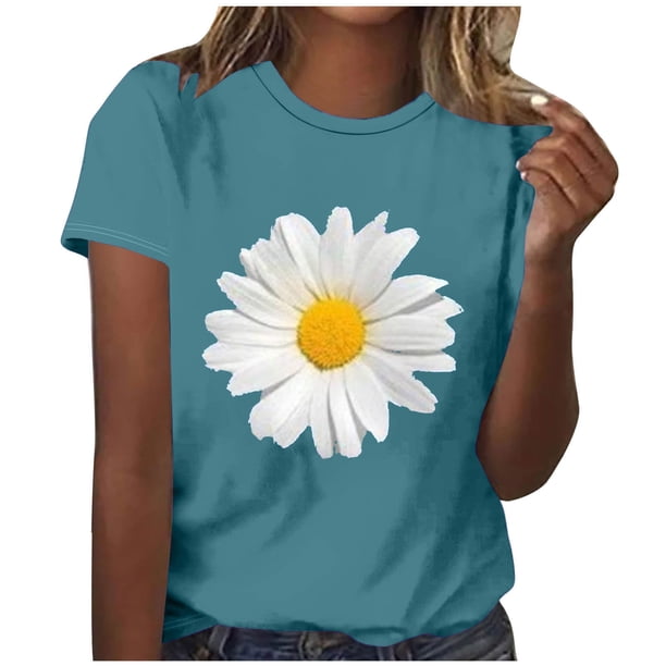 Camisetas de Mujer Flor Impresión Manga Corta Cuello Redondo Blusa, Ligero Y Casual de las Mujeres Camisetas