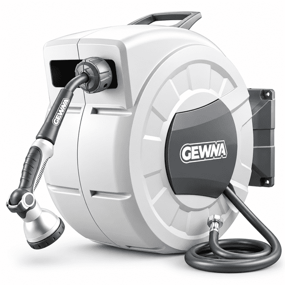 Gewna 1/2 in x 100 ft Retractable Wall Mounted Garden Hose Reel with 10 Pattern Nozzle, Any Length Lock, Slow Return System, 180°Swivel Bracket