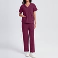 thumbnail image 5 of CIENVNSTG Nursing Uniforms Shirts Set Women V Neck Short Sleeve Workwear Shirt Soft Stretch Solid Color Unisex Workwear Wine M, 5 of 5