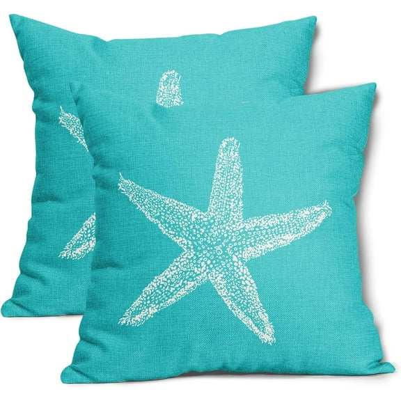 Turquoise Starfish Pillow Covers 18x18 Inch Coastal Beach Nautical Decorative Throw Pillow Case Summer Beachy Cushion Cover Set of 2 Decor for Bedroom Sofa Living Room Couch Chair Outdoor