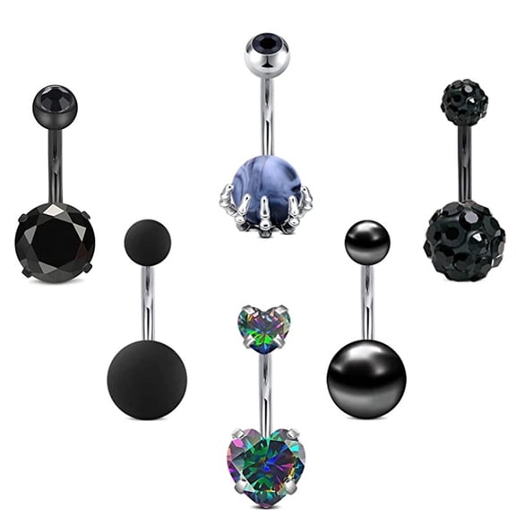Bluelans 6Pcs/Set Navel Ring Stainless Steel Hand Claw Ball Cubic Zirconia - Colored Rhinestone Heart Shape Belly Ring for Dating