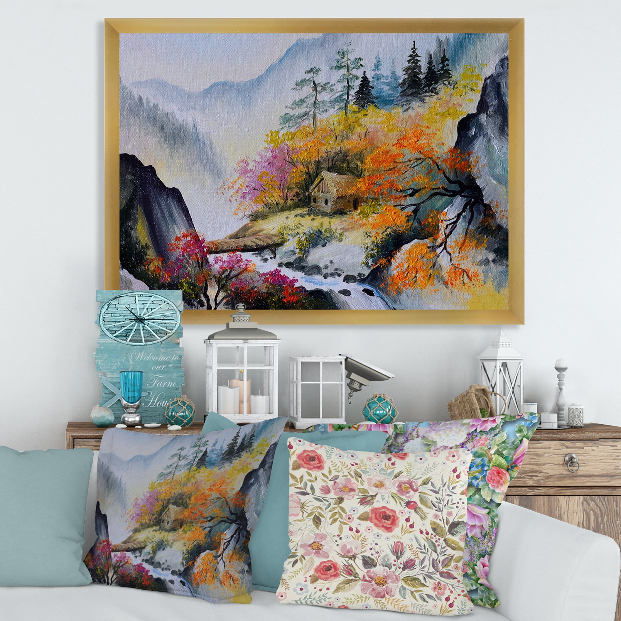 Designart 'VIbrant Mountain Landscape With Little House' Traditional Framed Art Print