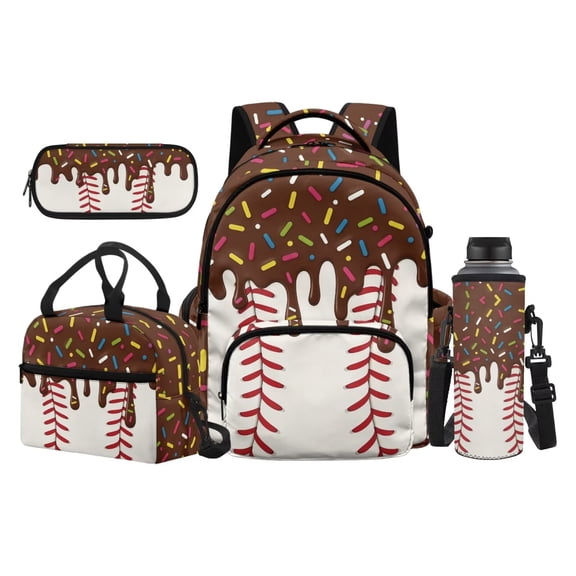 Pzuqiu Chocolate Drip Sprinkle Baseball Kids Backpack for School Boys 8-12 School Backpacks Sets with Lunch Bag Pencil Case Water Bottle Holder 4 pcs Travel Bookpack with Shoulder Strap for Kids 8-12