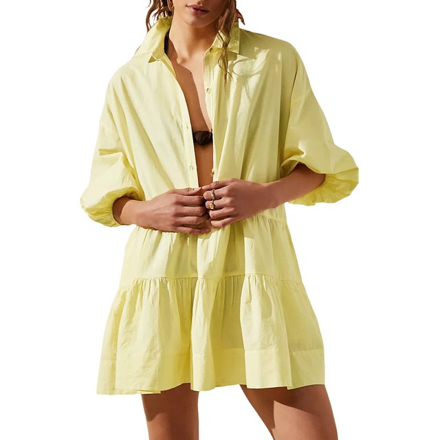 Diconna Femmes une Ligne Mini Robe Décontractée Ample Ajustement Solide Couleur Revers Col Bouton Robe Plissée à la Mode Robe Courte à Plusieurs Niveaux