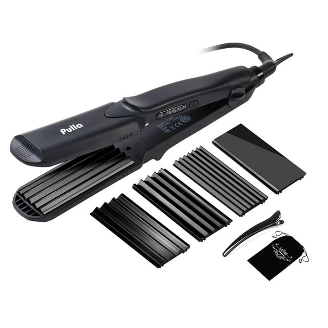 Alisador y rizador de cabello Pulla - Plancha y rizador de cerámica de turmalina 4 en 1 para peinar el cabello con temperatura ajustable - Salón de calor alto 320 °F - 430 °F para todo tipo de cabello