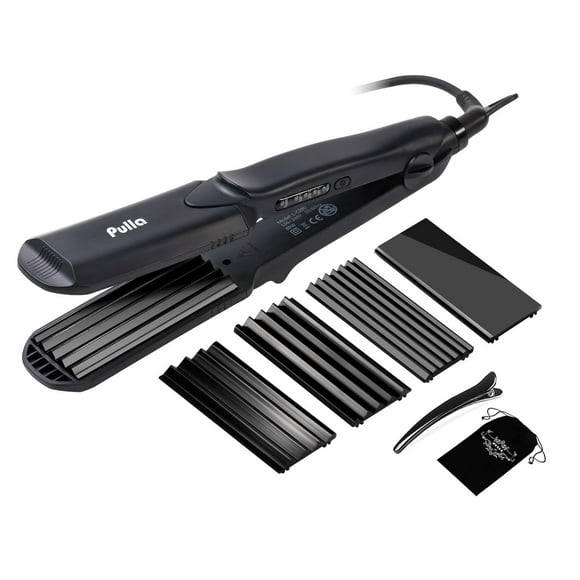 Alisador y rizador de cabello Pulla - Plancha y rizador de cerámica de turmalina 4 en 1 para peinar el cabello con temperatura ajustable - Salón de calor alto 320 °F - 430 °F para todo tipo de cabello