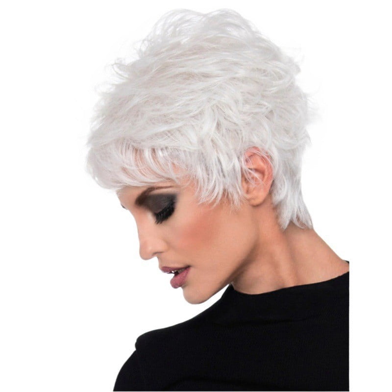 Women's silver-white short hair wig - oblique bangs reversed design, fashionable and natural