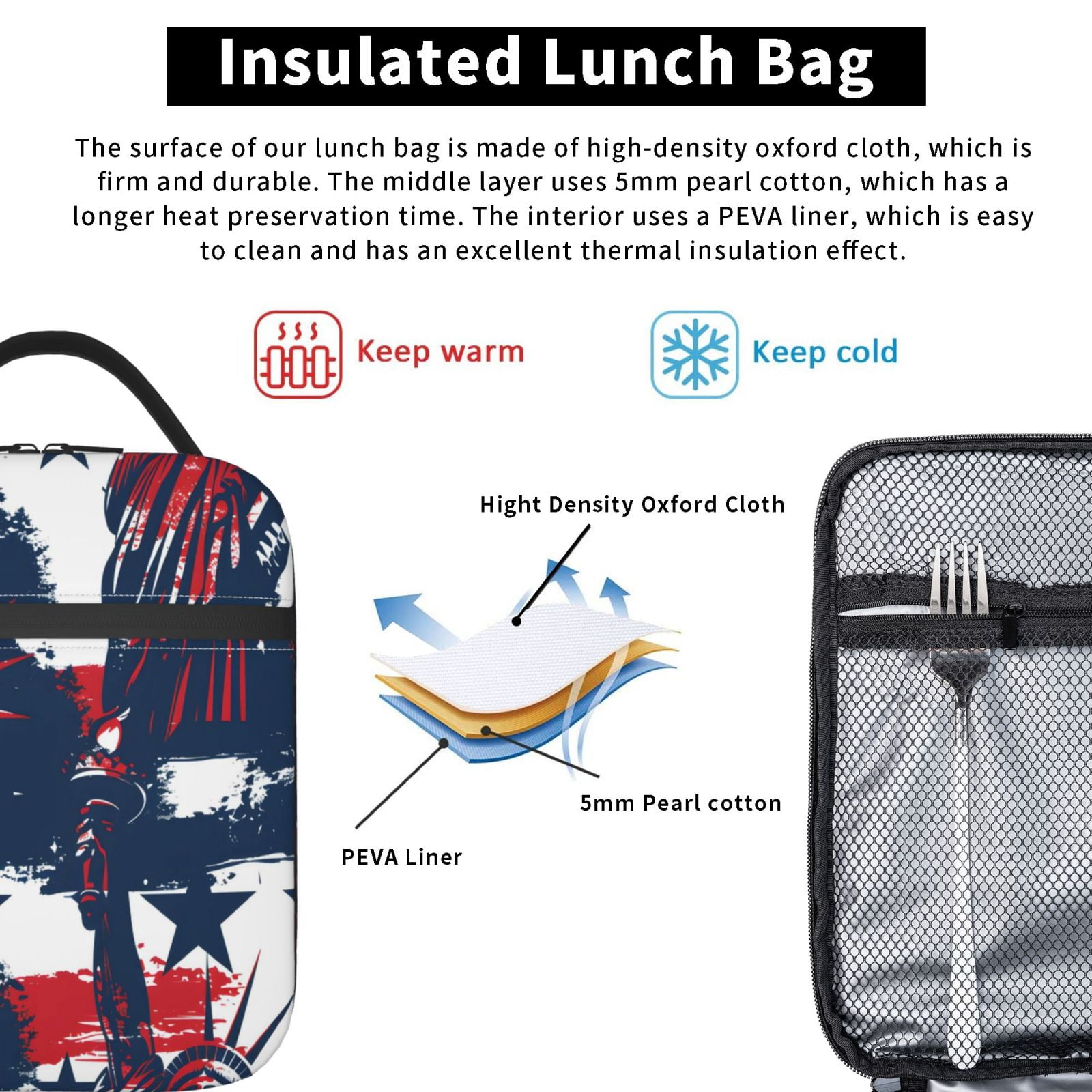 Lunch Bag For Women Men Insulated Portable Lunch Box Bento Box Office Picnic Travel Cooler Bag Independence Day Theme Star (8)