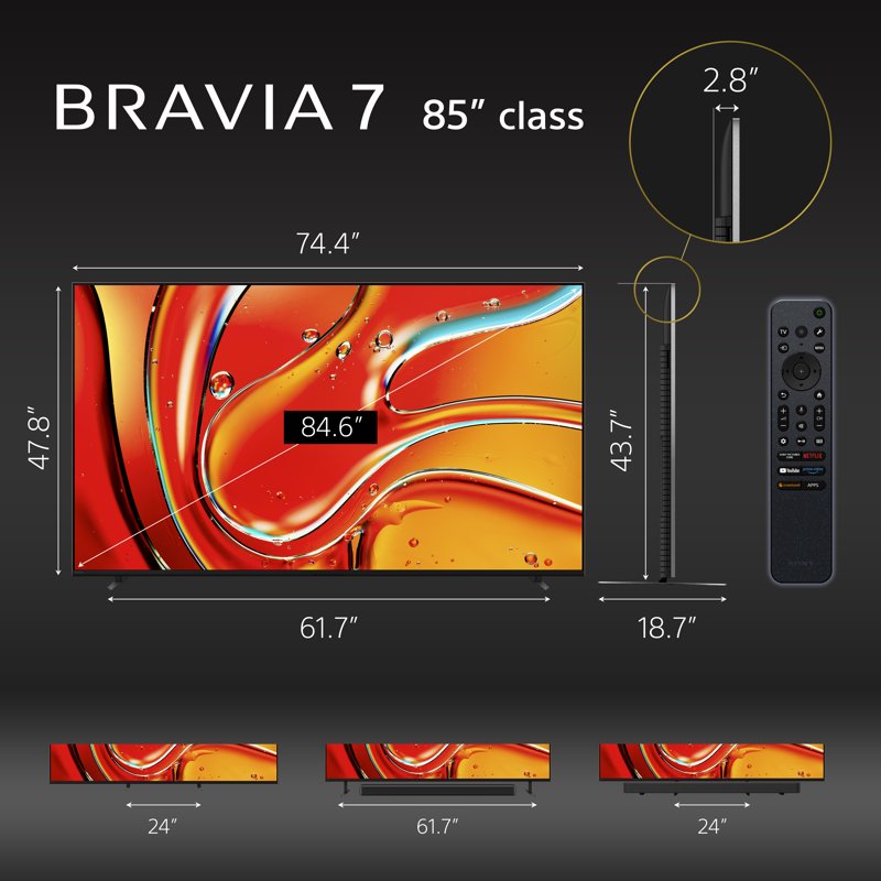 Sony 85" class BRAVIA 7 Mini LED QLED 4K HDR Smart Google TV K785XR70, 2024 Model color options