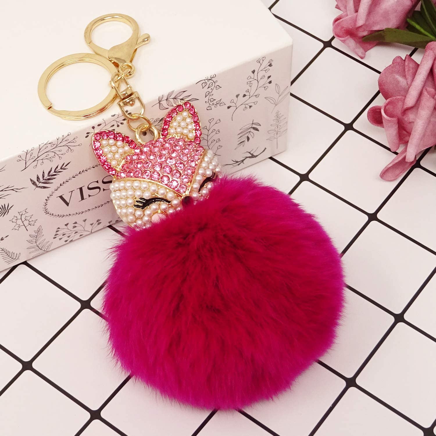 Pink Fluffy Pom Pom Keychain - P