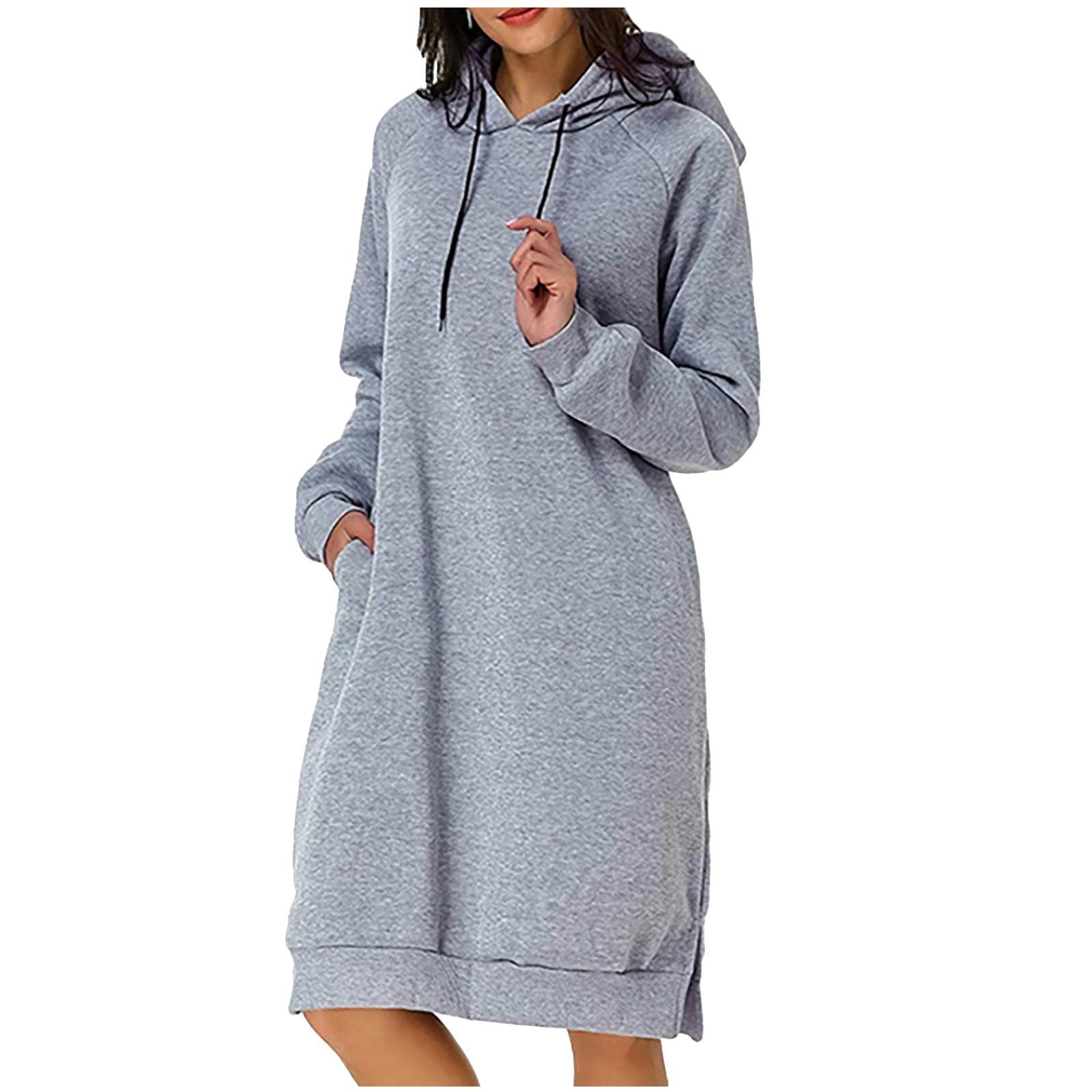 Bowake Women's Hooded Sweatshirt Dress Casual Loose Drawstring - Main Image