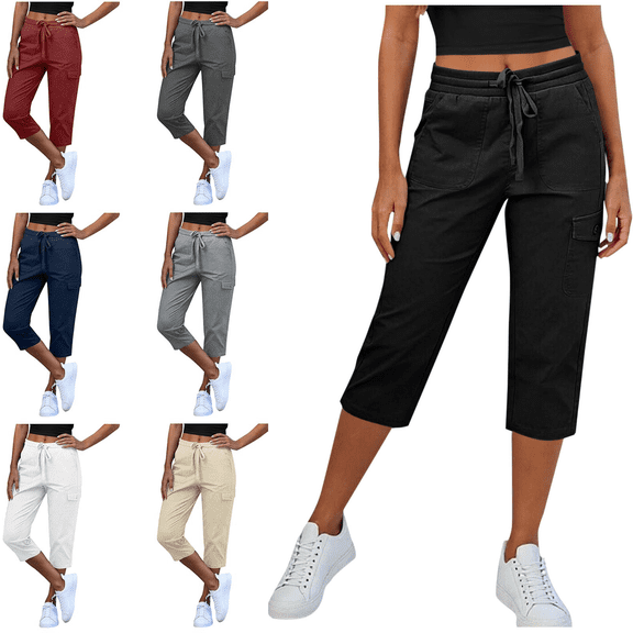 Womens Capris with Pockets Loose Fit Casual Capri Pants Dressy Lightweight Ladies Baggy Cargo Pants Casual Capris Trousers Size S-2XL
