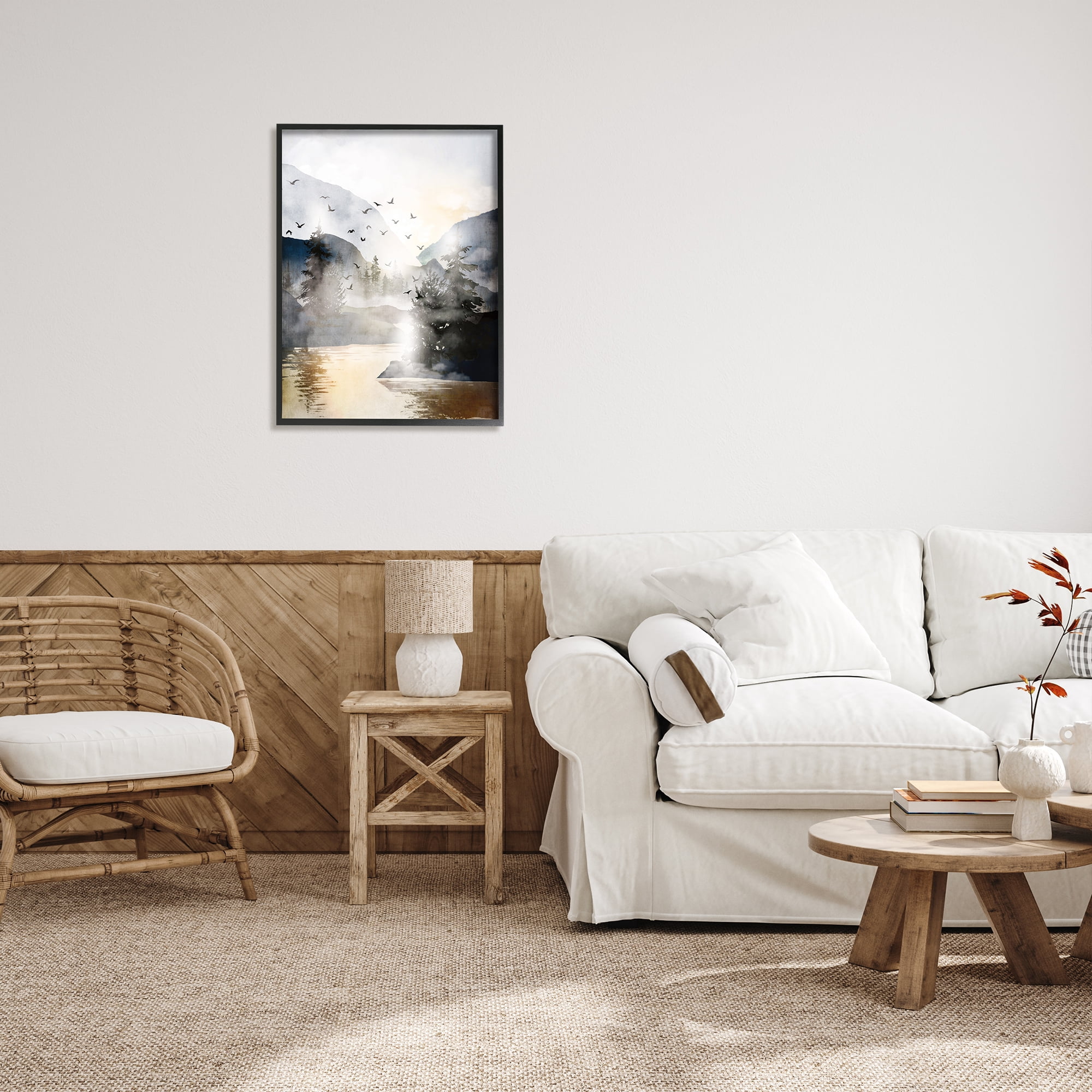 Stupell Flying Birds Mountain Lake View Landscape Painting Black Framed Art Print Wall Art