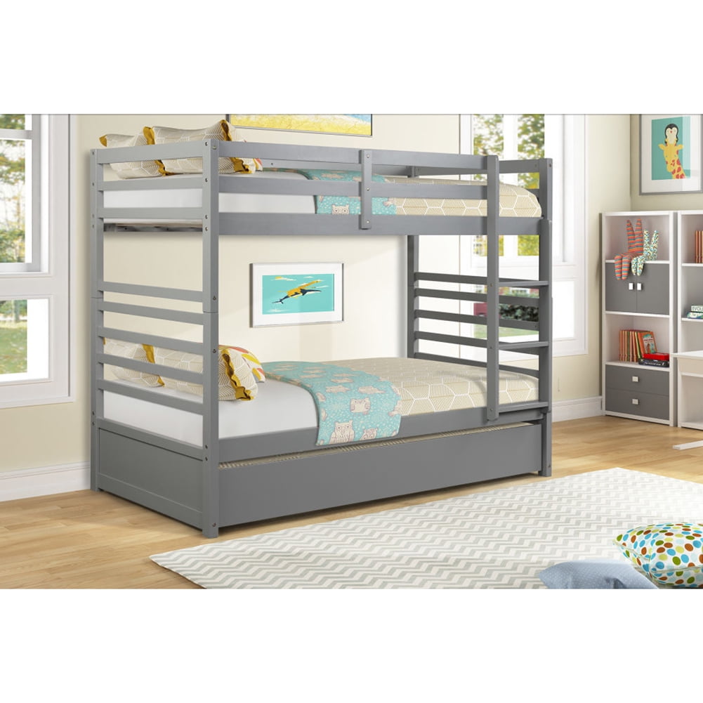 Kepooman Home Detachable Twin Bunk Bed with Trundle, Ladder and Safety Rail for Children, Easy to Use, Grey Kepooman Home Detachable Twin Bunk Bed with Trundle, Ladder and Safety Rail for Children, Easy to Use, Grey