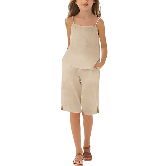 FAVIPT Kids 2 Piece Outfits Summer Sleeveless Spaghetti Strap Tank Top Straight Leg Short Pants Casual Solid Cute Beach Sets Beige,11 Years