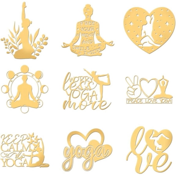 DIY 9pcs 1.6x1.6 Inch Yoga Metal Stickers Peace Love Yoga Self Adhesive Gold Stickers Yoga Theme Metal Gold Stickers for Scrapbooks DIY Resin Crafts Phone Water Bottle Decor DIY