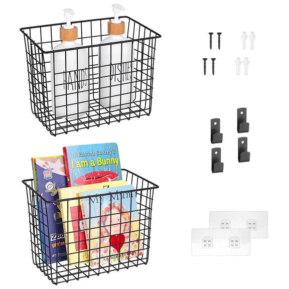 Wall Hanging Baskets 2 Pack, Large Diversified Wire Basket Shelves , with Wall Mounted Metal Hooks & Traceless Stickers, for Kitchen Coffee Bar Office Room Garage Storage Organization