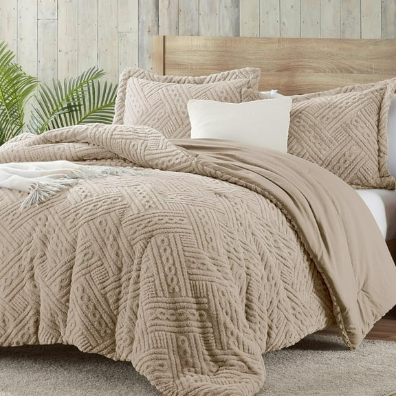 Fluffy Queen Comforter Set - Beige Warm Comforters for Winter Queen Size, Comforter Full Size Bed Set 3 Piece
