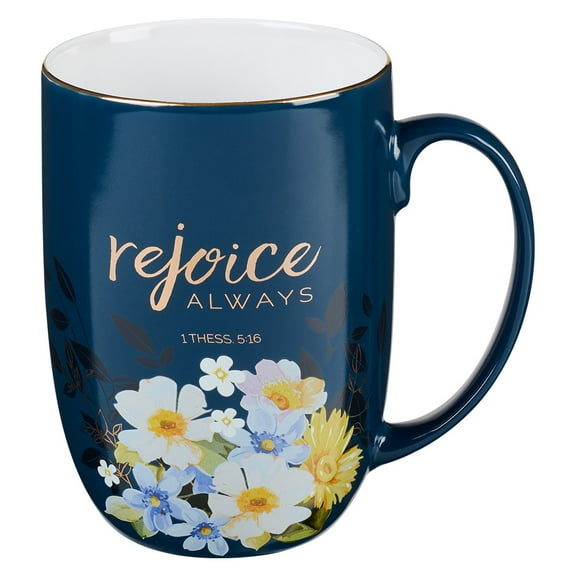 Christian Art Gifts Coffee Mug Rejoice Always Floral 1 Thessalonians 5:16, 15 oz., Navy Blue