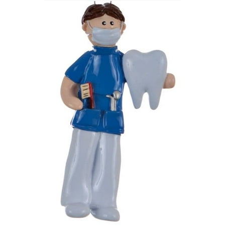 Dentist Man in Blue Scrubs with Tooth Christmas Ornament Tree