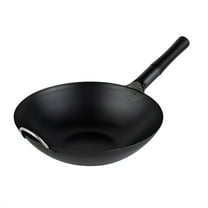 Motomori 14" Black Carbon Steel Flat Bottom Wok / Stir Fry Pan - Pre-seasoned, with Wooden Handle - 1 count box