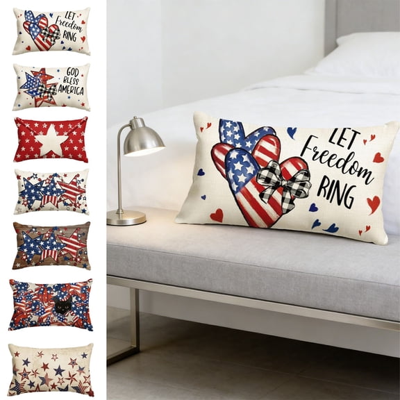Beautynvta 4th of July Pillow Covers, 20x12 Inch, American Flag Hearts Patriotic Throw Pillowcase, Independence Day Cushion Cover for Sofa Couch Living Room Bed Decor