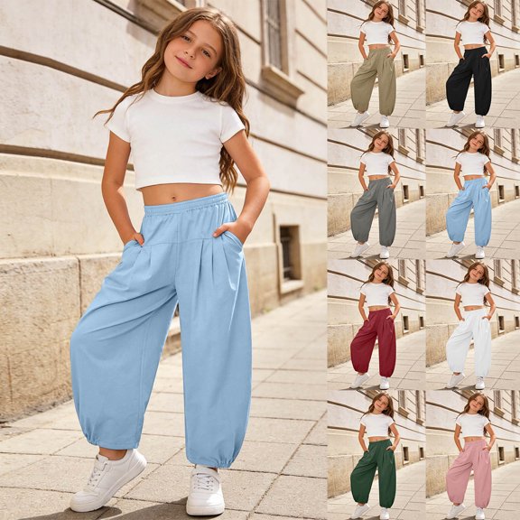 Girls Pants Kids Summer Beach Solid Casual Long Trousers Soft Breathable Black 2-3 Years