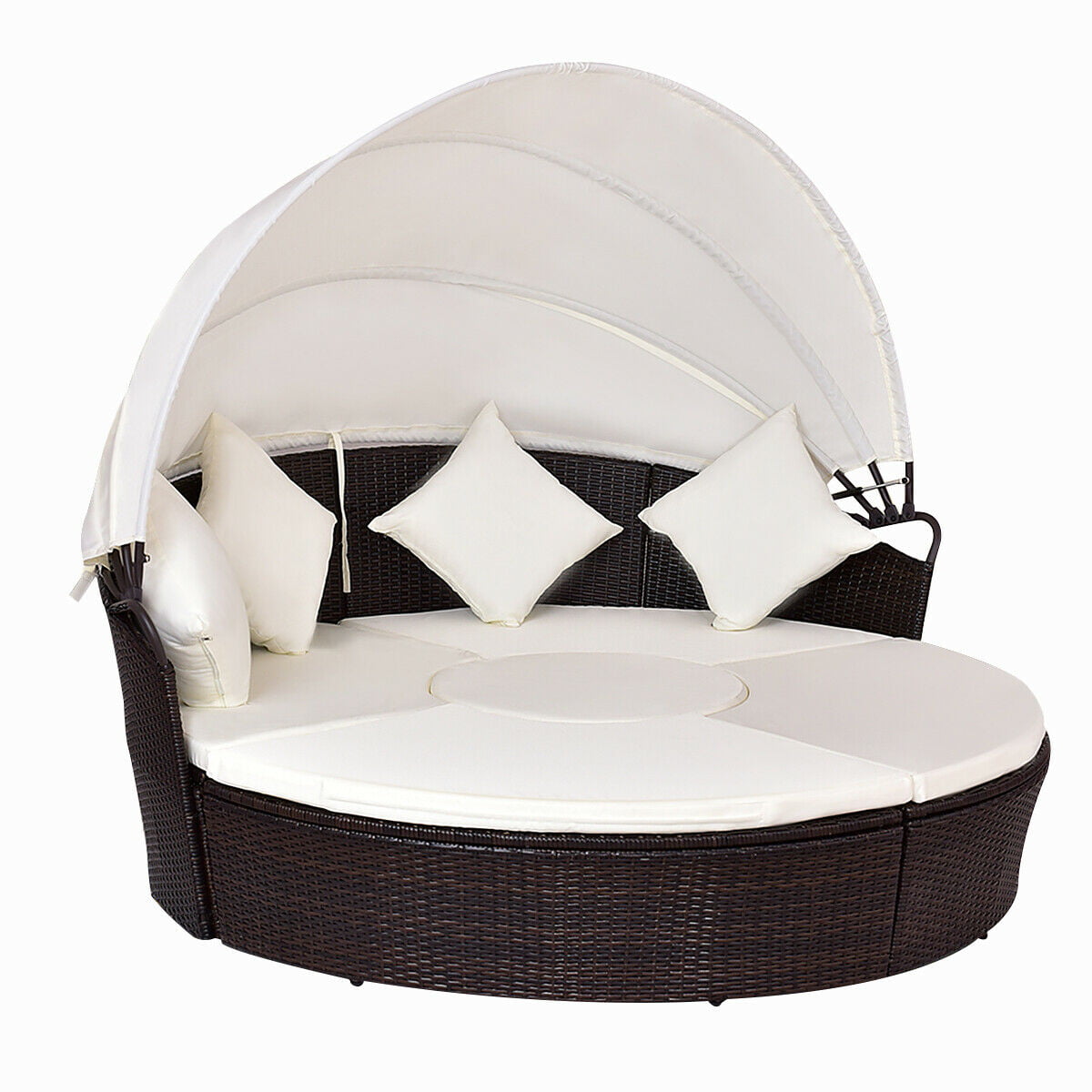 Costway Outdoor Patio Canopy Cushioned Daybed Round Retractable Rattan