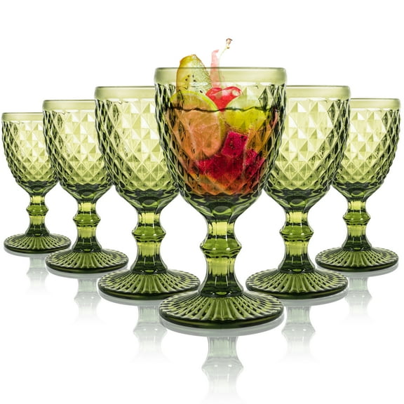 6PCS Glass Vintage Goblet Glasses, 8 oz Wine Glasses Set , Glass Cups, Drinking Glass, Glass Goblets, Lead Free & BPA Free Glassware for Wine, Beer, Juice, Cocktail, Whiskey，Green