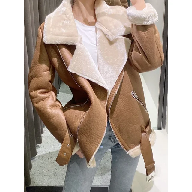 -abrigo grueso y cálido para mujer, chaqueta de ante marrón con cinturón, de piel sintética de cordero, a prueba de viento, para invierno